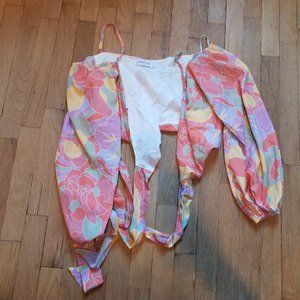 Petal + Pup Pink Floral Boho Chic Hippie 70's Style Wrap Flowy Sleeve Top Size L